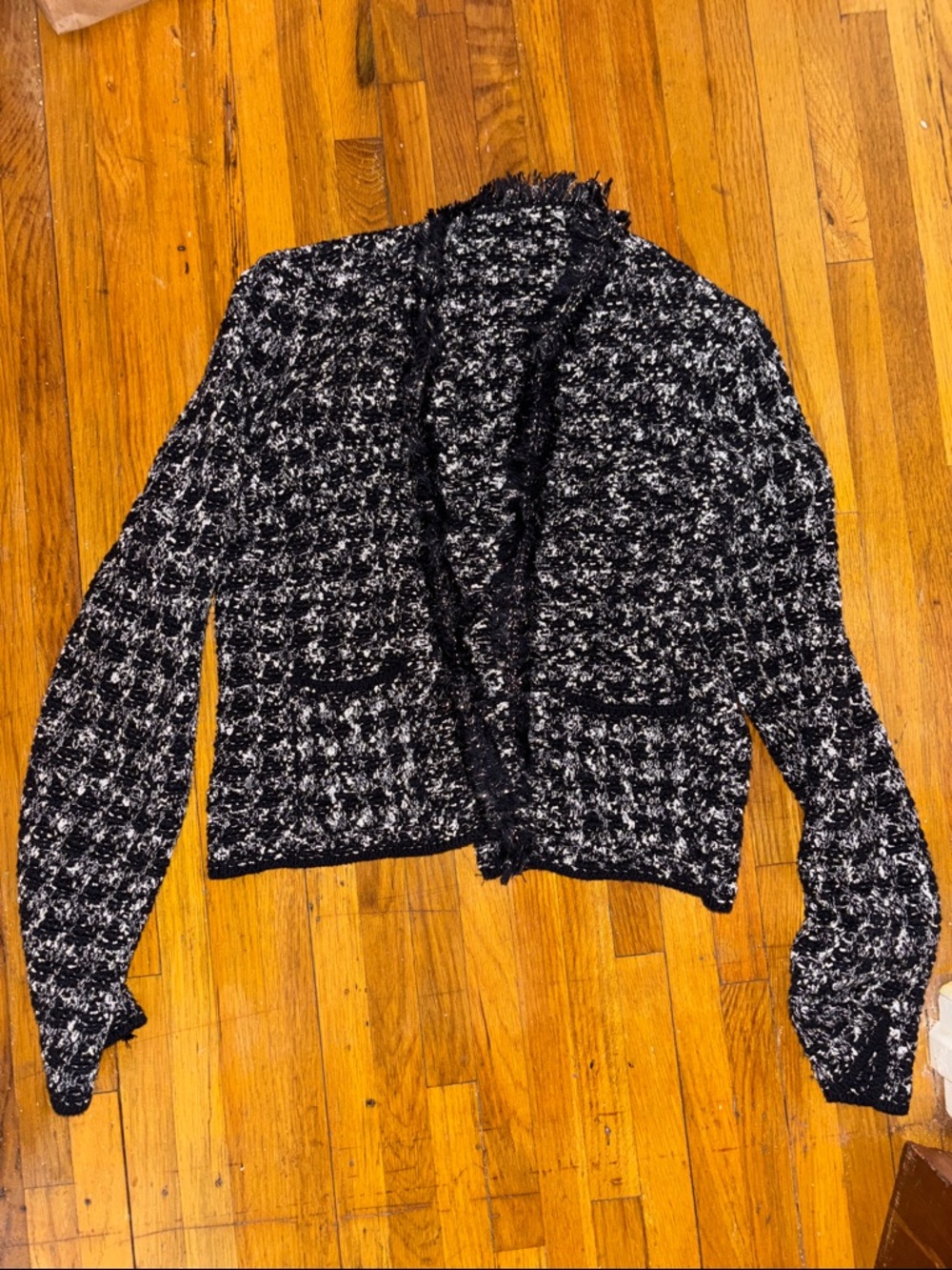 Zara Black & White Bouclé tweed Open-Front Blazer, M